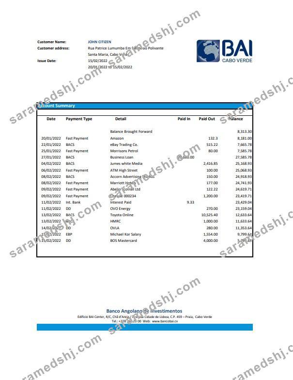 Cabo Verde Banco Africano de Investimentos bank statement Excel and PDF template (AutoSum)